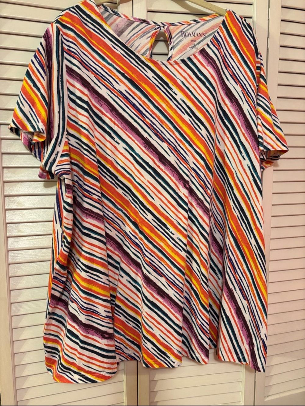 Roaman's Multicolor Diagonal Stripe Short Sleeve Top